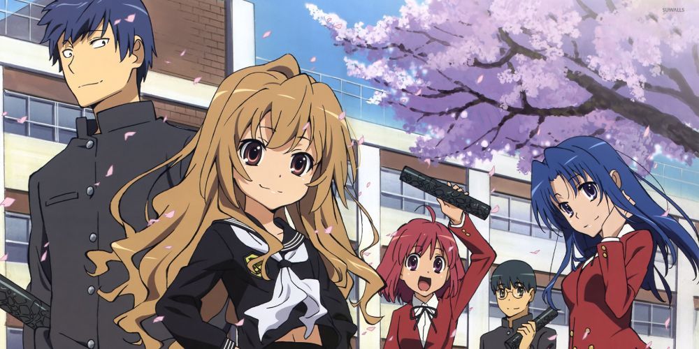 The main cast from Toradora! among the cherry blossoms.