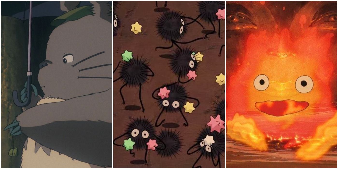 Three Panels Featuring Totoro Soot Sprites and Calcifer