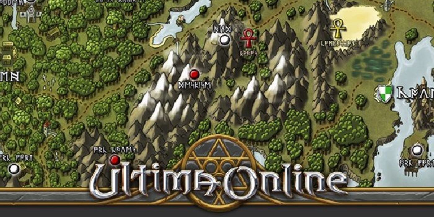 Ultima Online Tela de título de um mapa de montanhas e florestas.