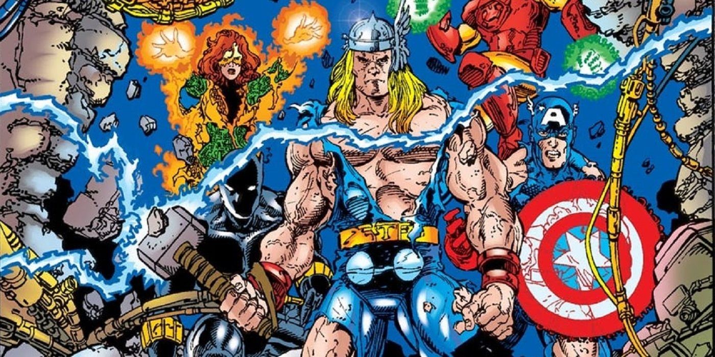 The unlimited Avengers, shirtless Thor, Iron Man, prepare to battle Ultron in Marvel Comics