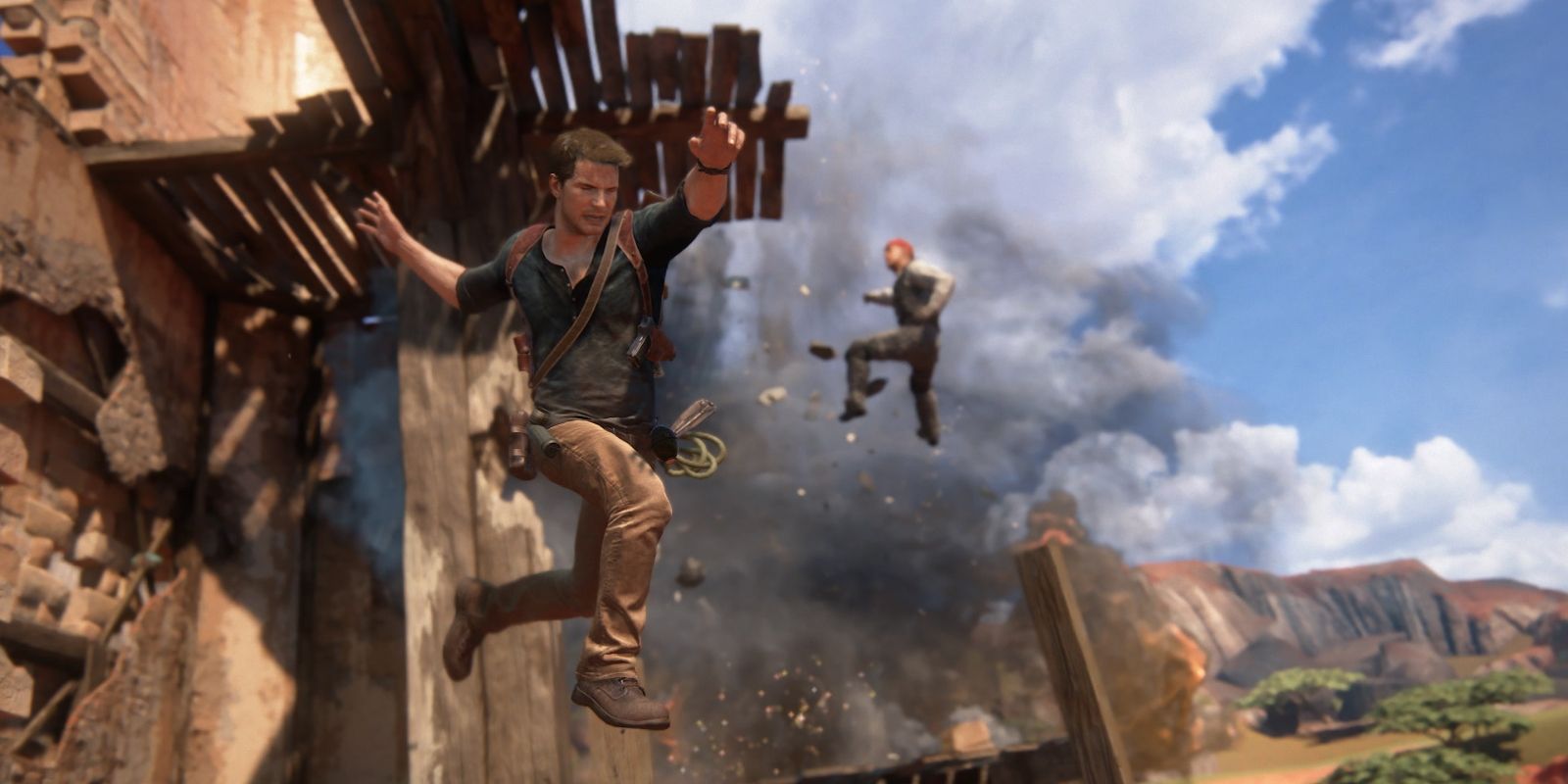 Nathan Drake leaping from a collapsing building in Uncharted 4