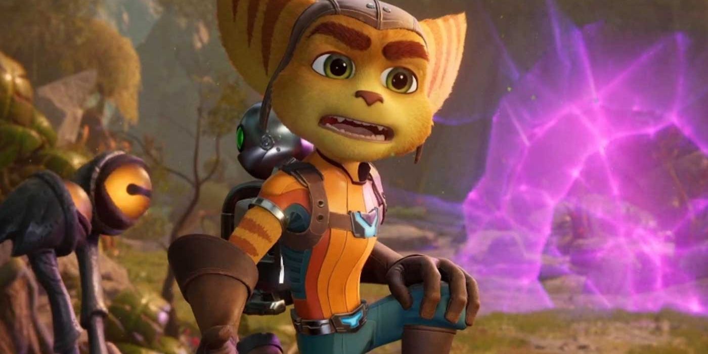 Ratchet talking in front of some purple energy in Ratchet & Clank: Rift Apart.