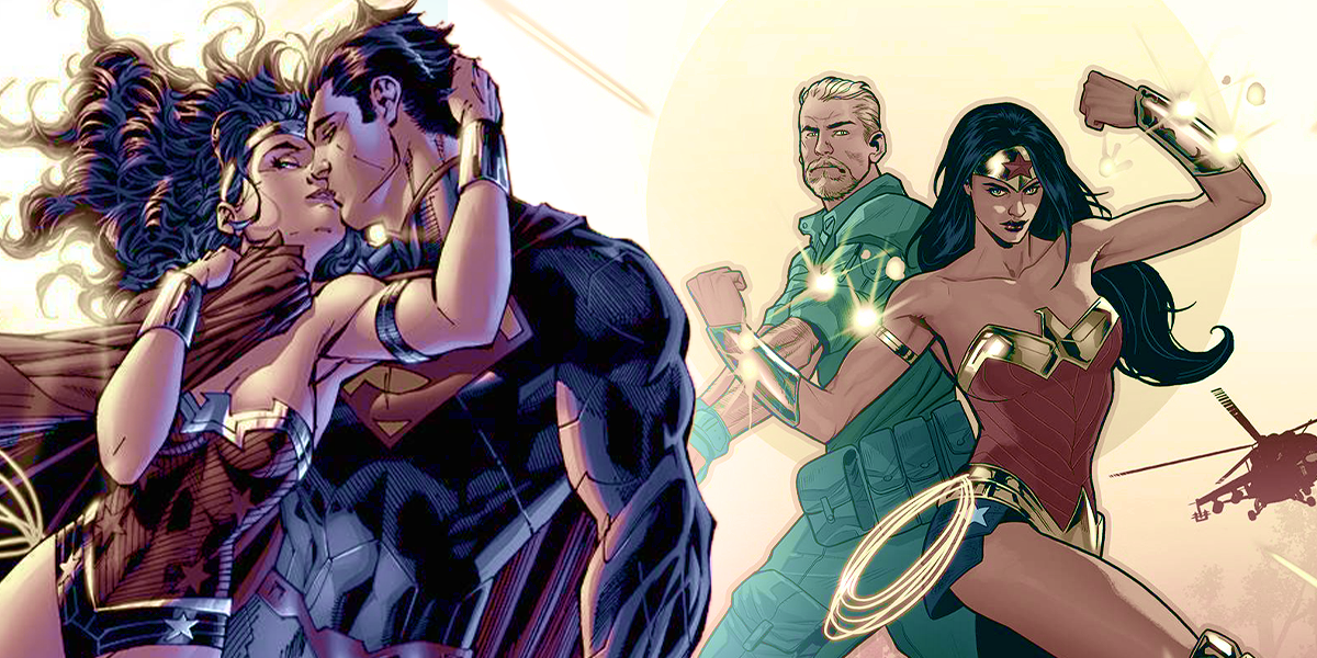 Superman kissing Wonder Woman while Wonder Woman fights alongside Steve Trevor in the background