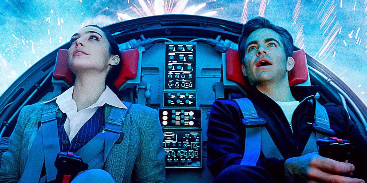 Wonder Woman and Steve Trevor watching fireworks from a plane