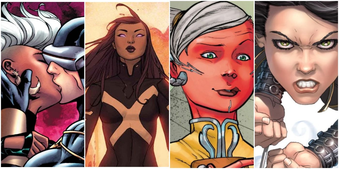 a collage of four images: cyclops and storm kissing, psylocke, vileena, and x-23