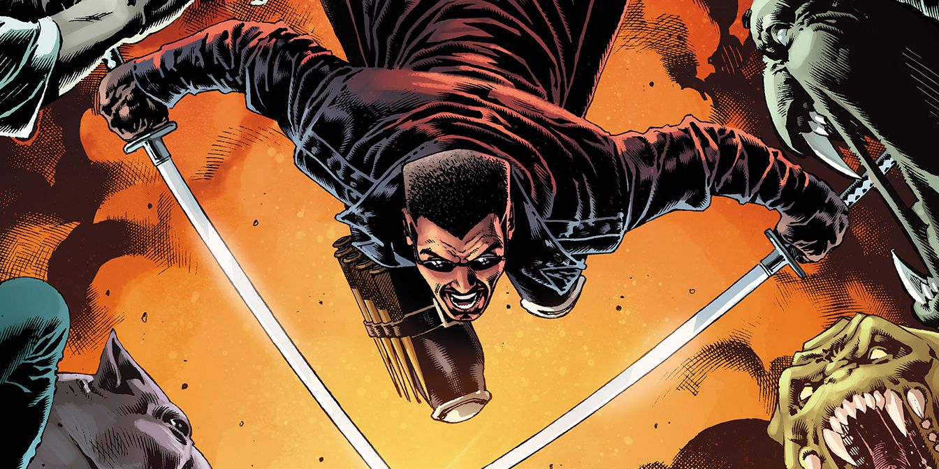 Blade the Vampire Hunter jumping into battle against monsters in Marvel Comics