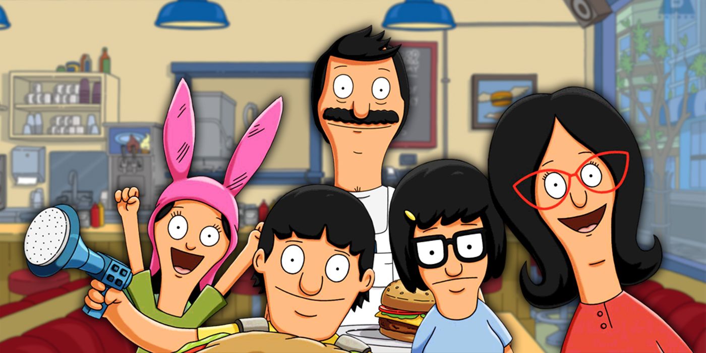 The Belcher family stands in the foreground inside the Bob's Burgers restaurant