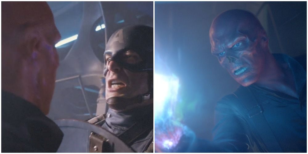 Red Skull threatening Cap, Red Skull holding the Tesseract before disappearing