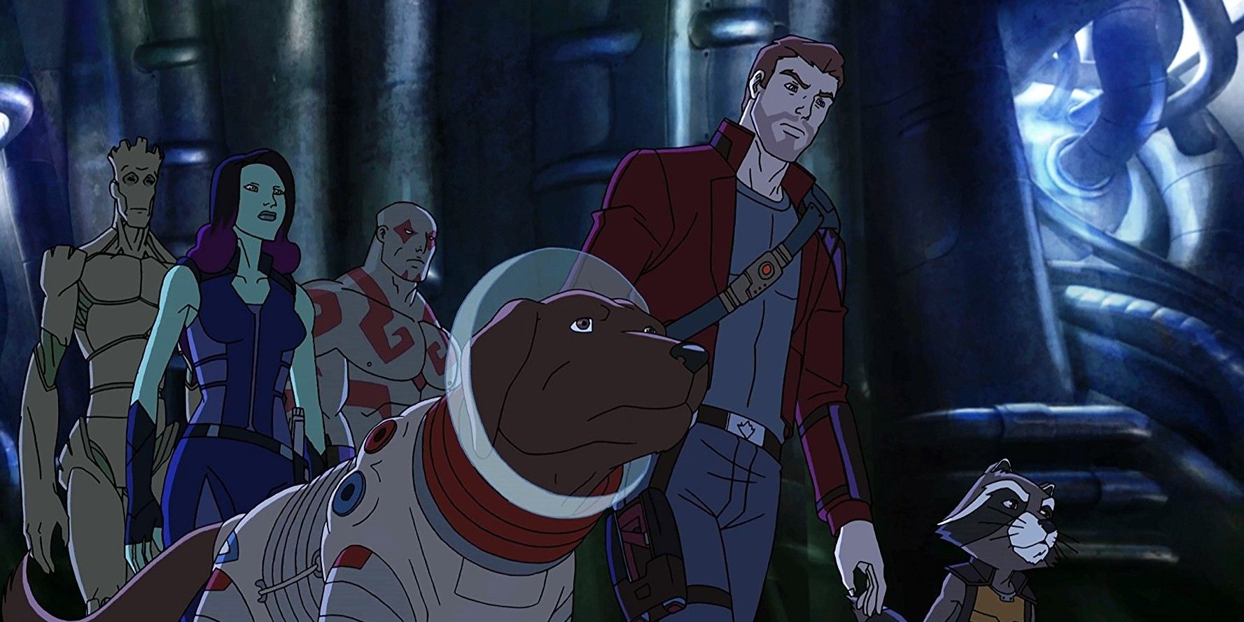 Groot, Gamora, Drax, Cosmo, Star-Lord, and Rocket in Guardians of the Galaxy