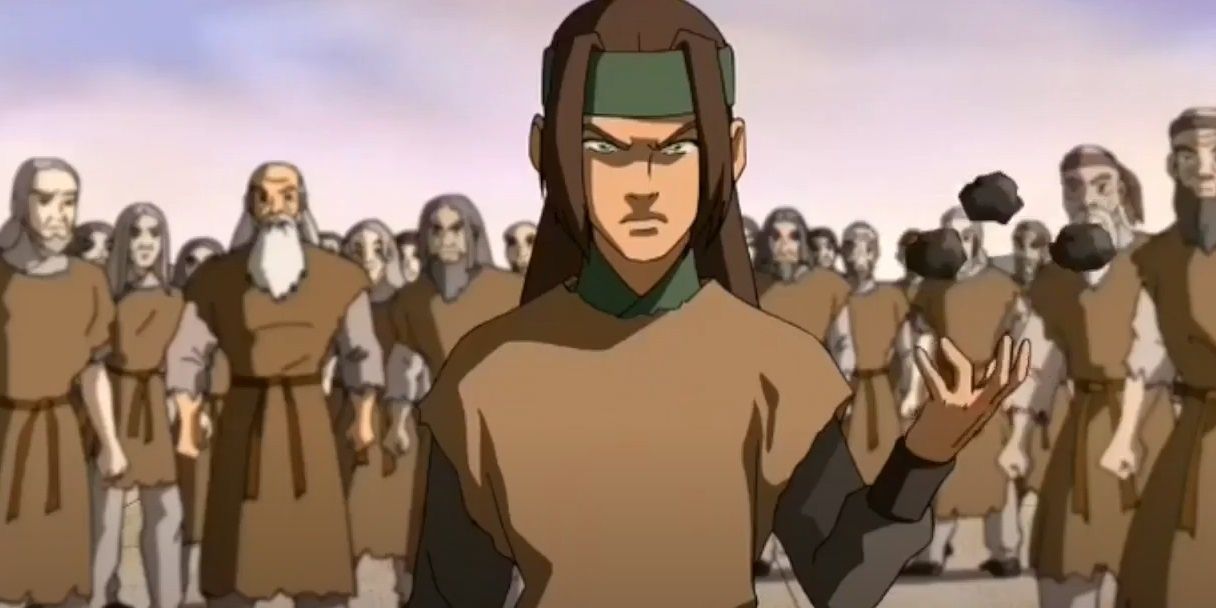 Haru from Avatar the Last Airbender glaring and bending three small rocks with his left hand