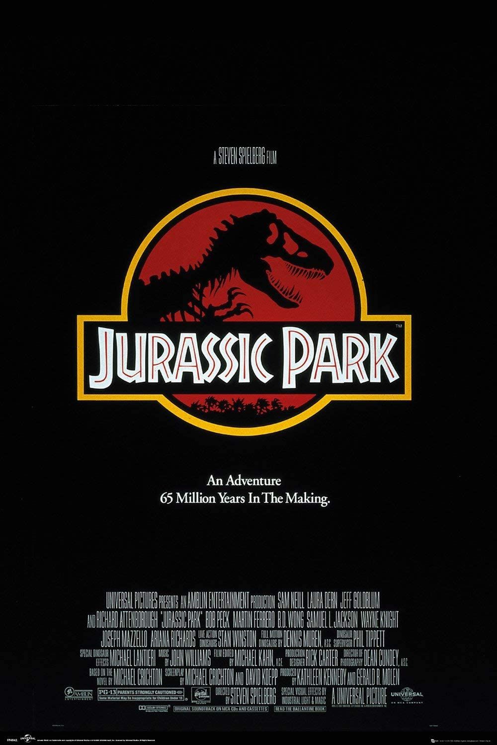 The Jurassic Park movie poster with a simple black background