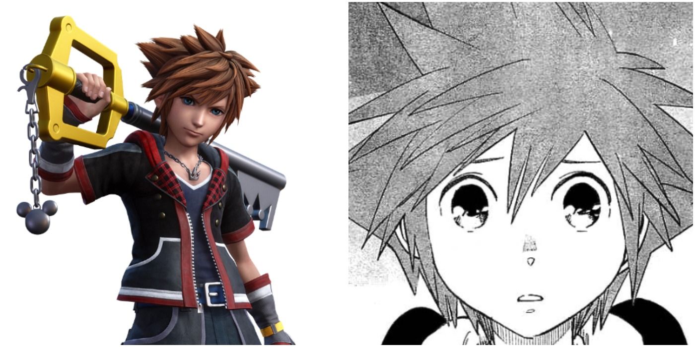 split image: sora from the kingdom hearts video game vs sora from the manga