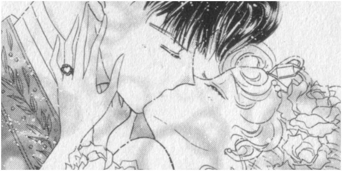 mamoru and usagi kissing, with usagi wearing a heart-shaped ring, manga