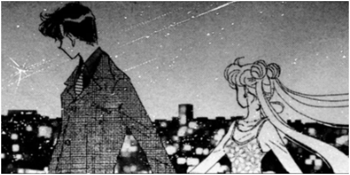 Mamoru and Usagi holding hands in front of a meteor shower, manga