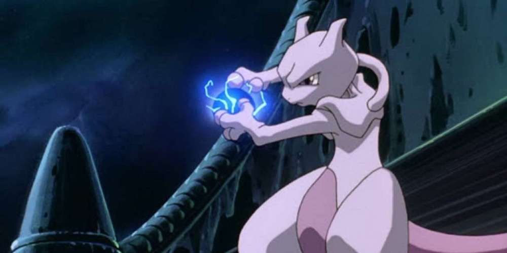 Mewtwo getting ready to attack in Pokemon: the First Movie: Mewtwo Strikes Back