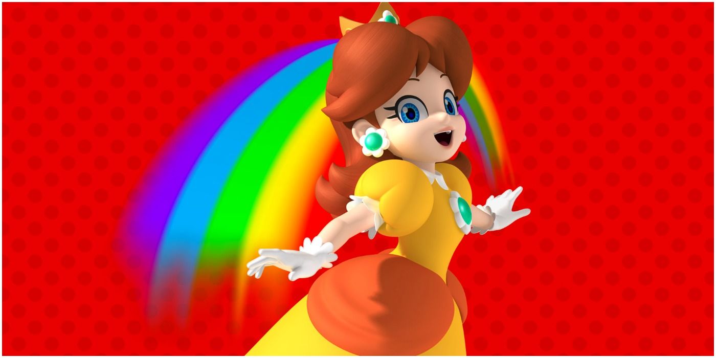 Princesa Daisy sorrindo na frente de um arco-íris para Super Mario Run.