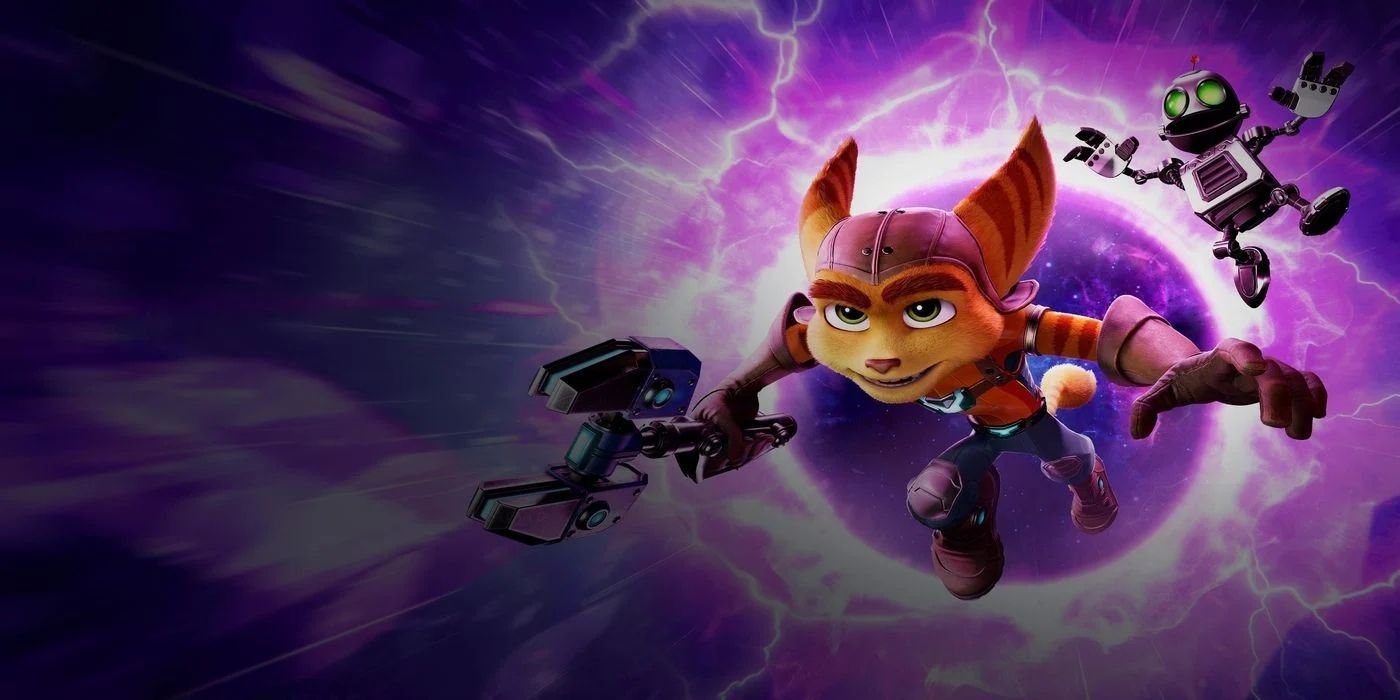 Ratchet and Clank flying through a purple rift in Rift Apart
