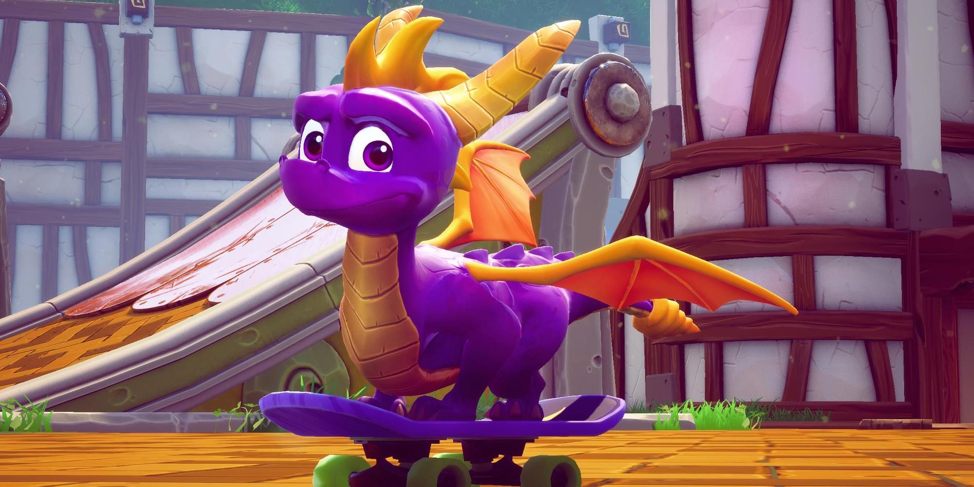 Spyro happily rides a purple skateboard.