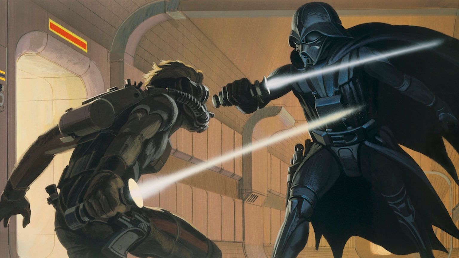 Concept art by Ralph Mcquarrie shows Darth Vader duelling with an early version of Luke Skywalker