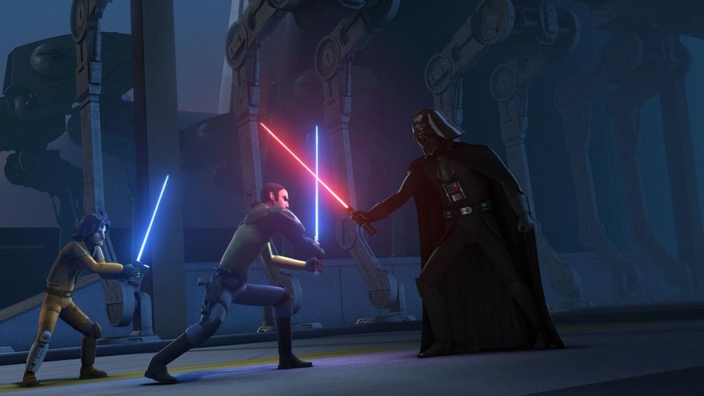 A Star Wars Rebels still shows Ezra and Kanan go up against Darth Vader in a lightsaber duel