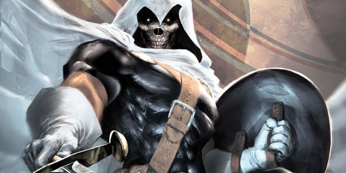 Taskmaster pointing his sword with a shield in hand