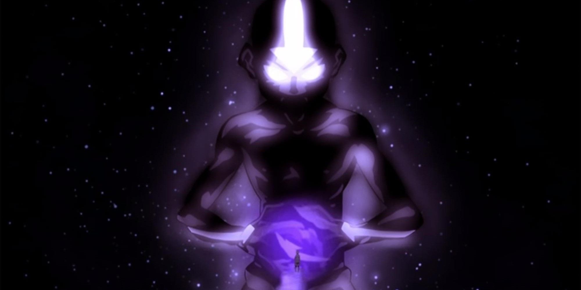 Aang glows with purple light with a starry background behind him