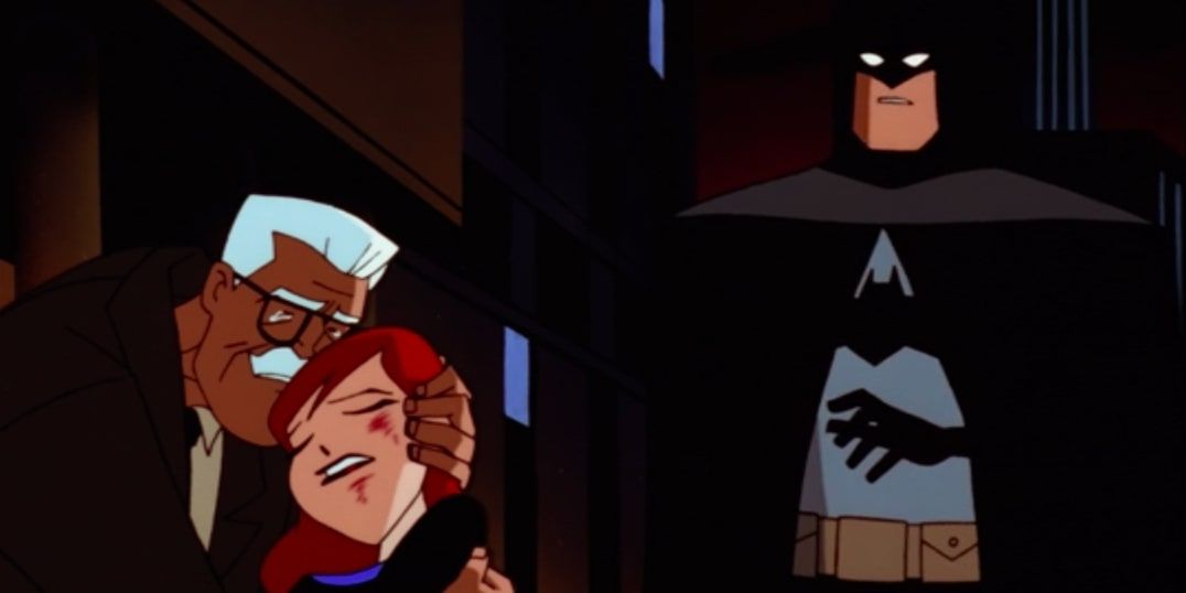 Gordon holds Batgirl's (Barbara Gordon's) body while Batman looks on in The New Batman Adventures episode &quot;Over The Edge&quot;