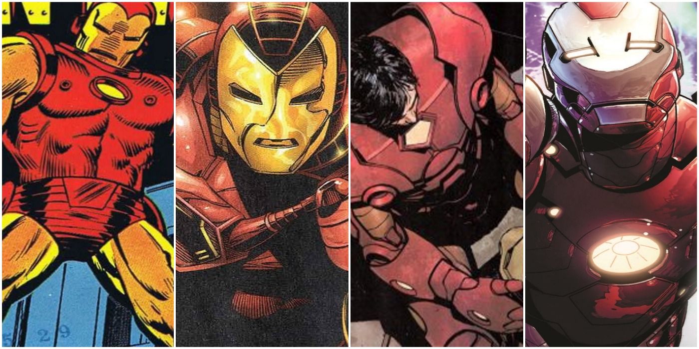 a photo collage of four images of tony stark as iron man in the comics
