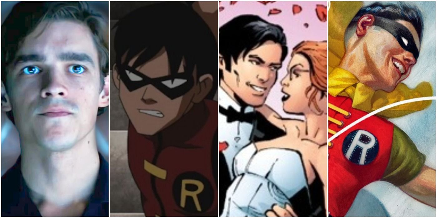 a photo collage of four images: live-action robin, animated robin, robin getting married, and comics robin