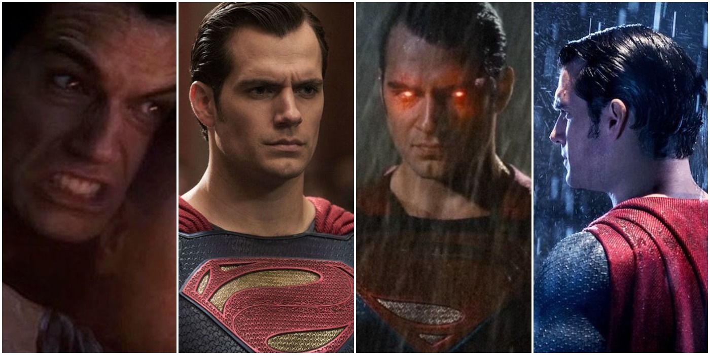 a photo collage of four images of henry cavill as superman