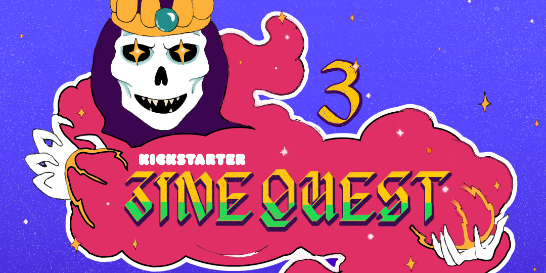 An old school lich conjures the words Zine Quest 3 in 70s neon colors