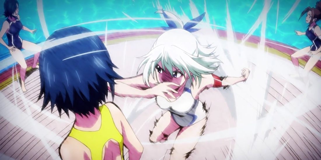 Nozomi attempts to knock her opponent off her platform in Keijo!!!!!! anime