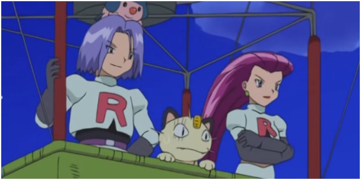 Team Rocket's Jessie, James, and Meowth in a hot air balloon in Pokemon anime