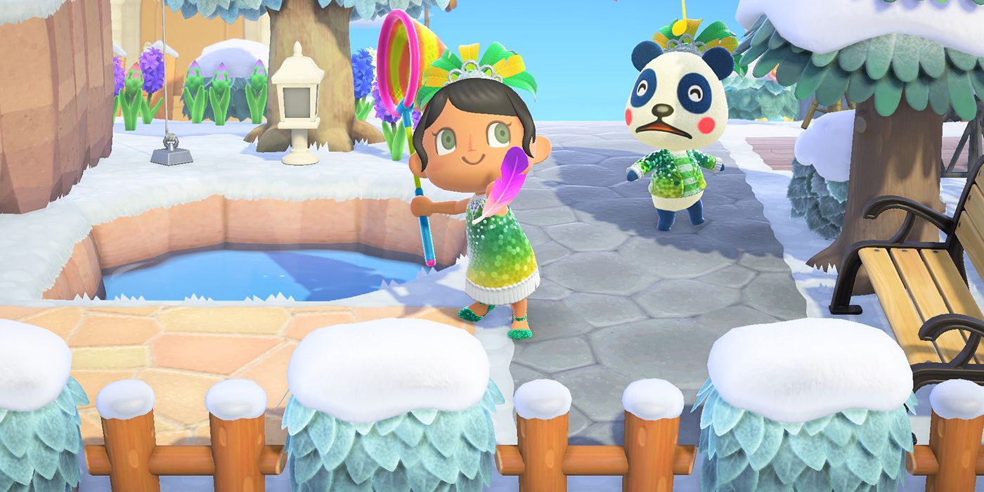 An Animal Crossing: New Horizons player catches a purple feather during Festivale