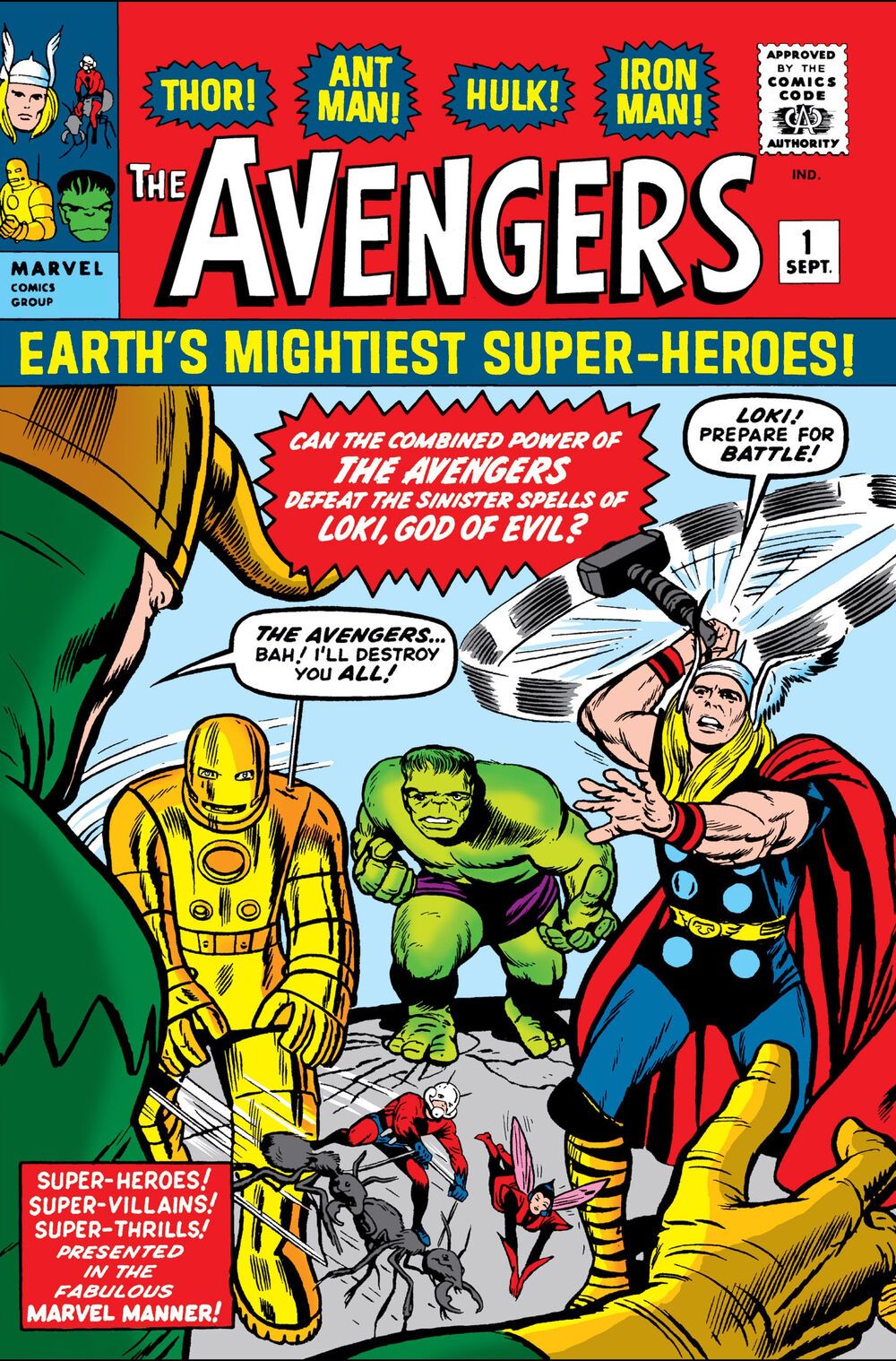 Vingadores 1 de Jack Kirby, com Loki confrontado pelo Homem de Ferro, Hulk, Thor, Homem-Formiga e a Vespa