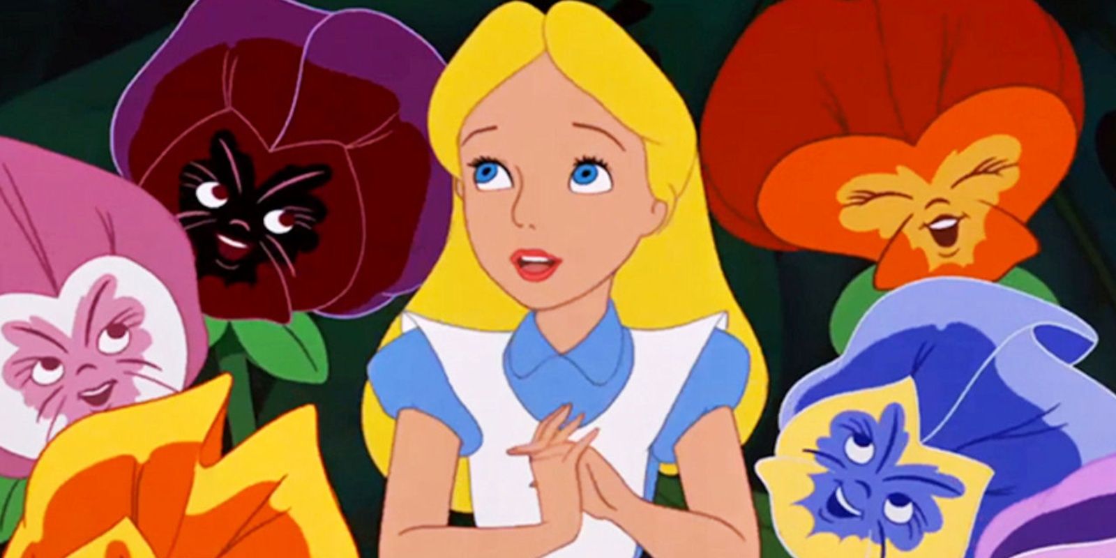 Alice singing with the flowers in Alice in Wonderland Cropped