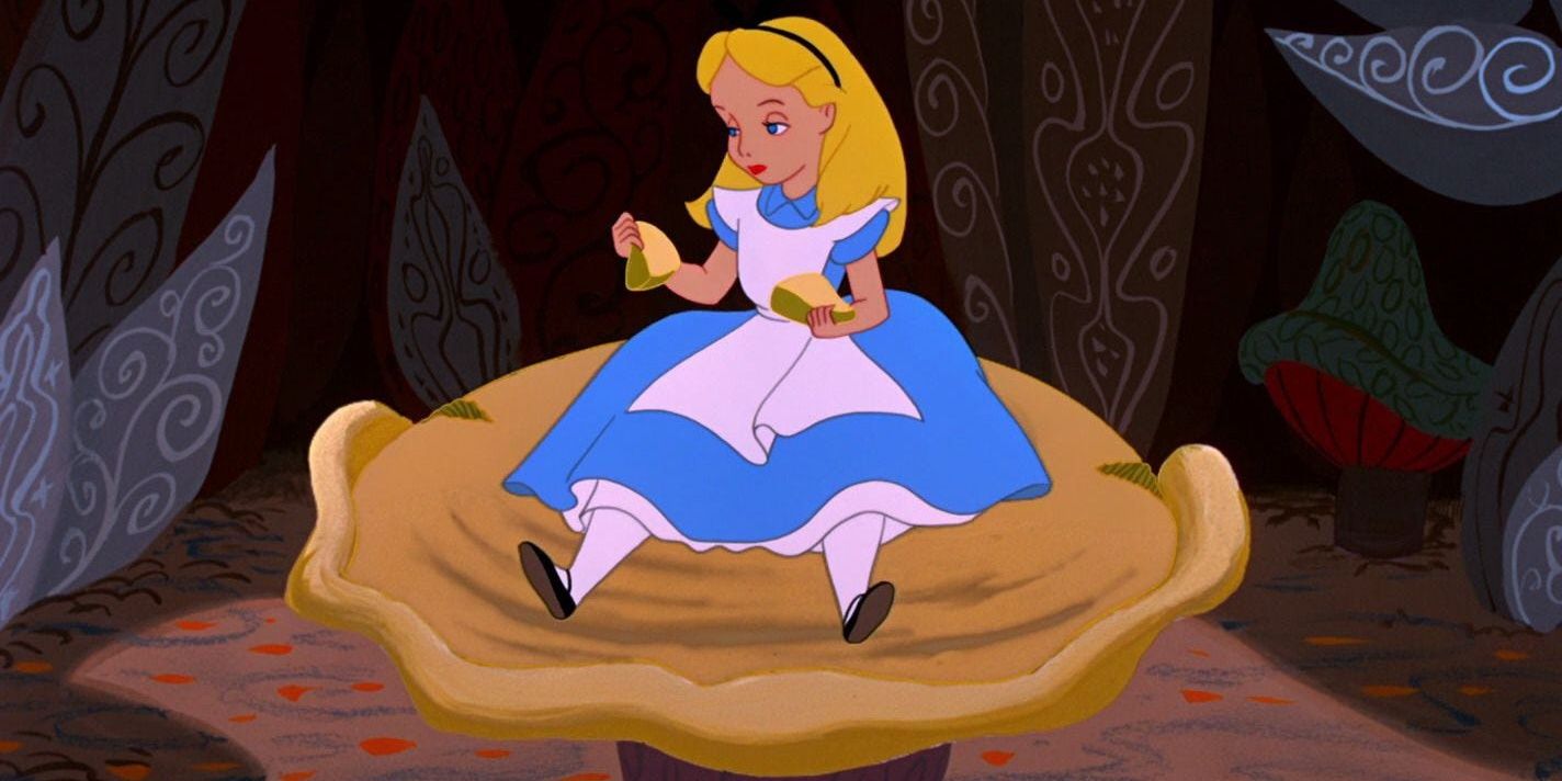 Alice sitting on a mushroom in Alice in Wonderland Cropped