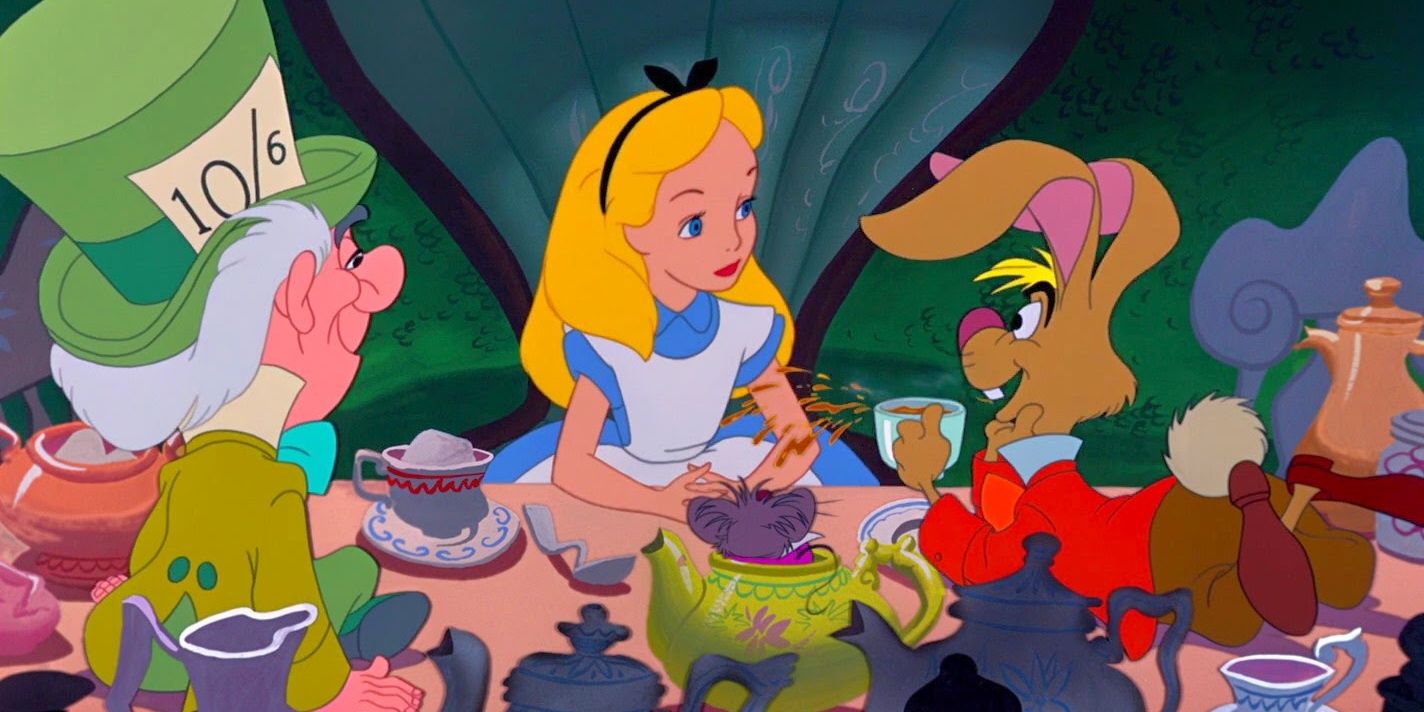 Alice, the Mad Hatter, and the Hare at the tea party in Alice in Wonderland