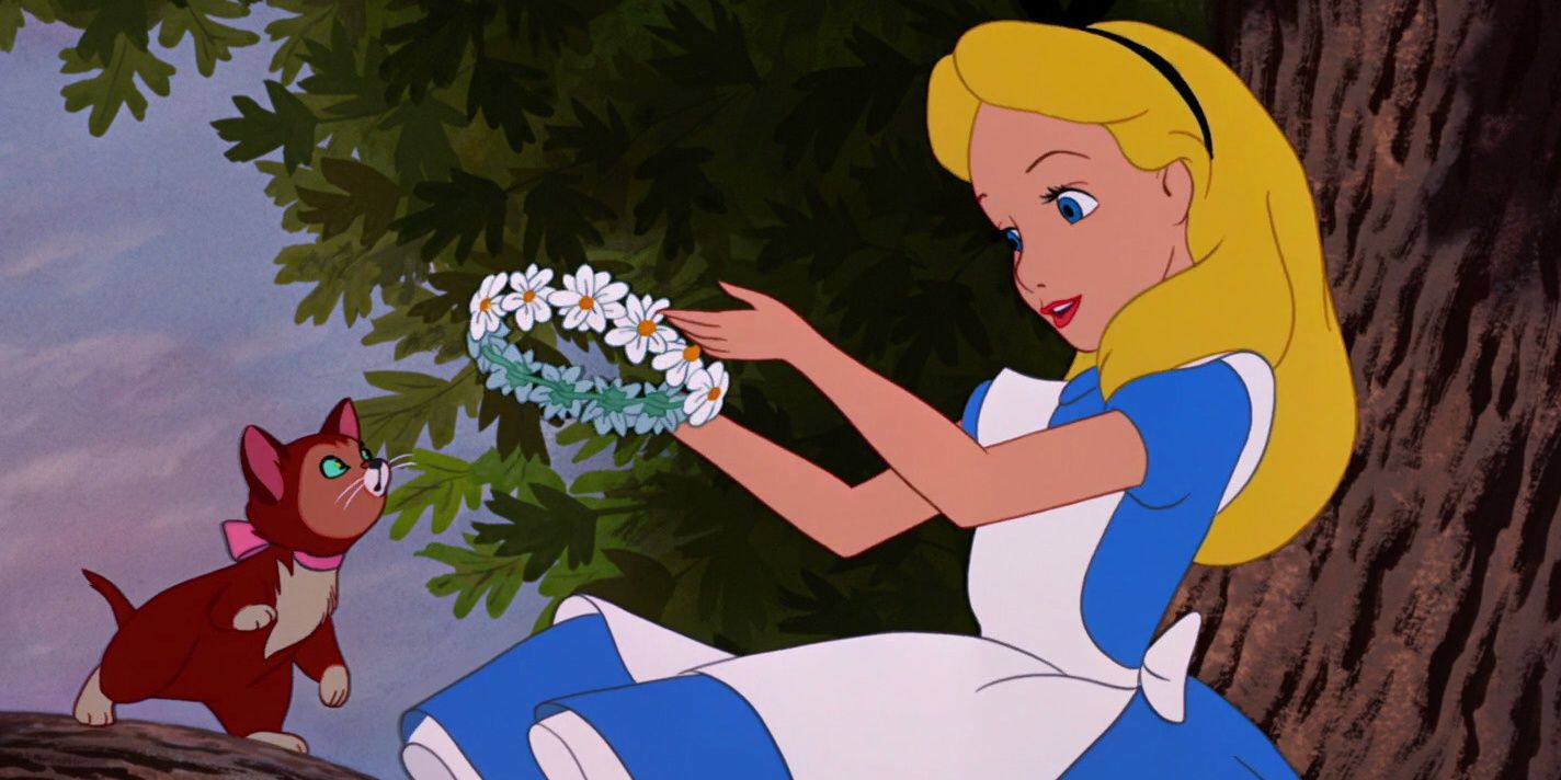Alice with a flower crown and Dinah in Alice in Wonderland Cropped