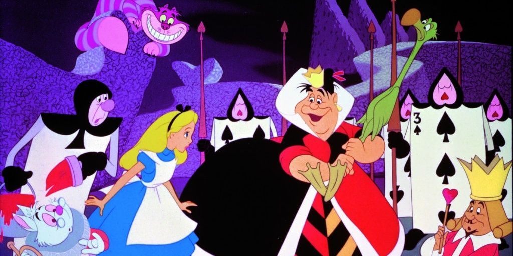 Alice with the Queen of Hearts and other characters in Alice in Wonderland Cropped