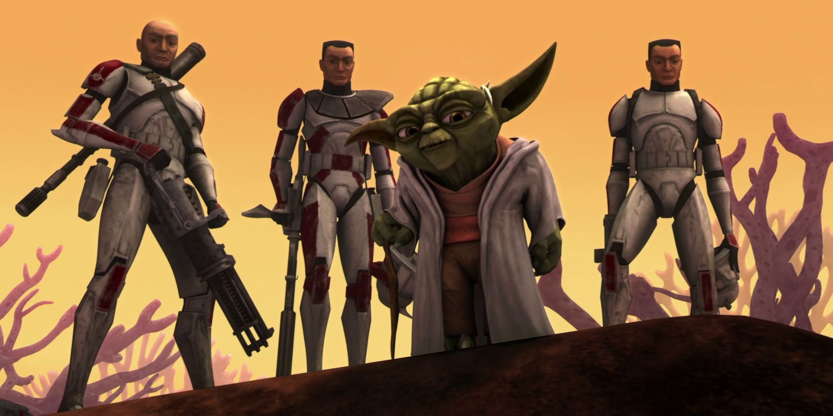 Yoda ao lado dos Clone Troopers em Star Wars The Clone Wars