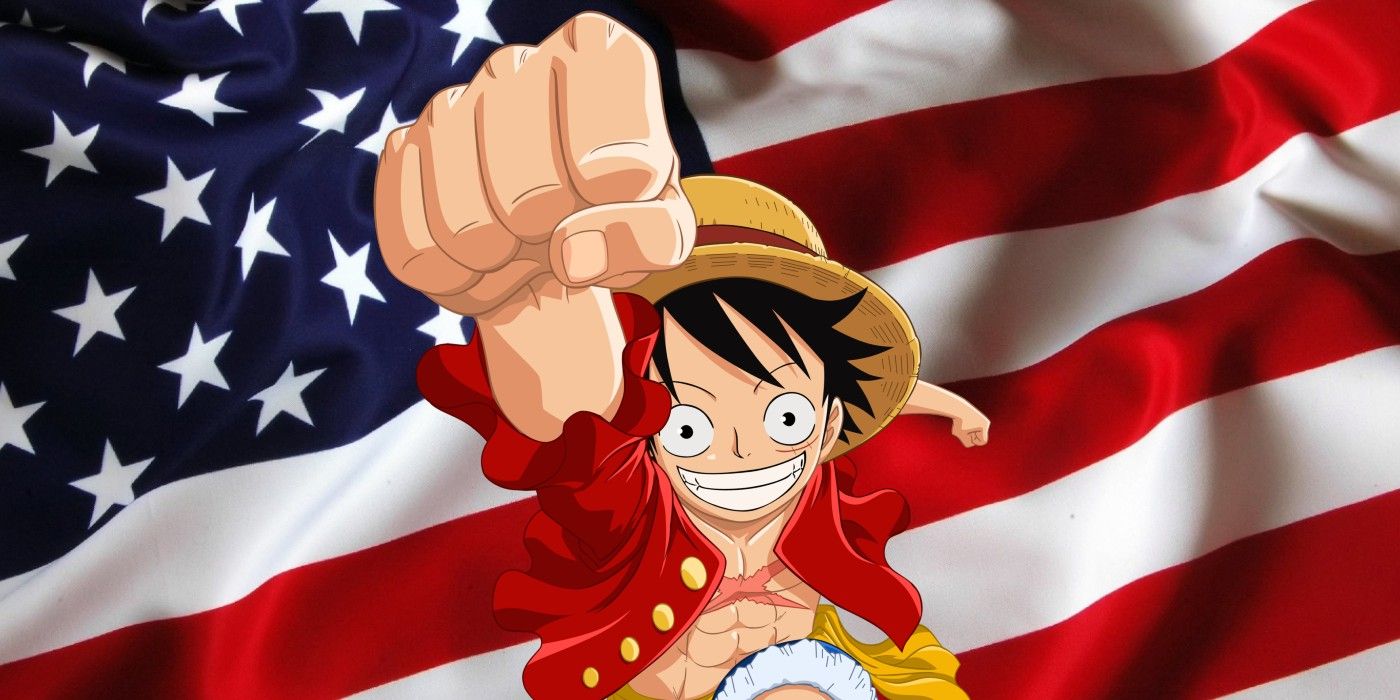 One Piece's Luffy smiling in front of the American flag