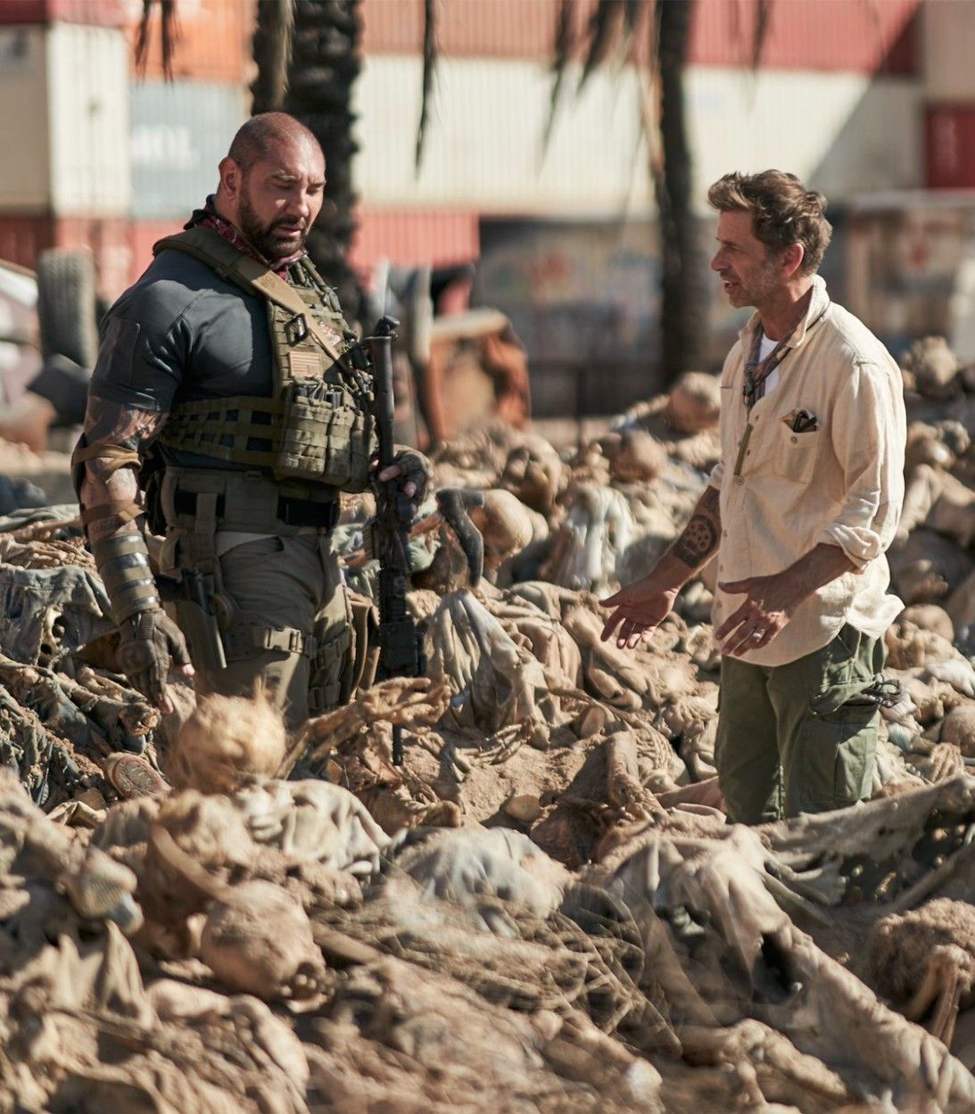 Dave Bautista and Zack Snyder on the Army of the Dead set