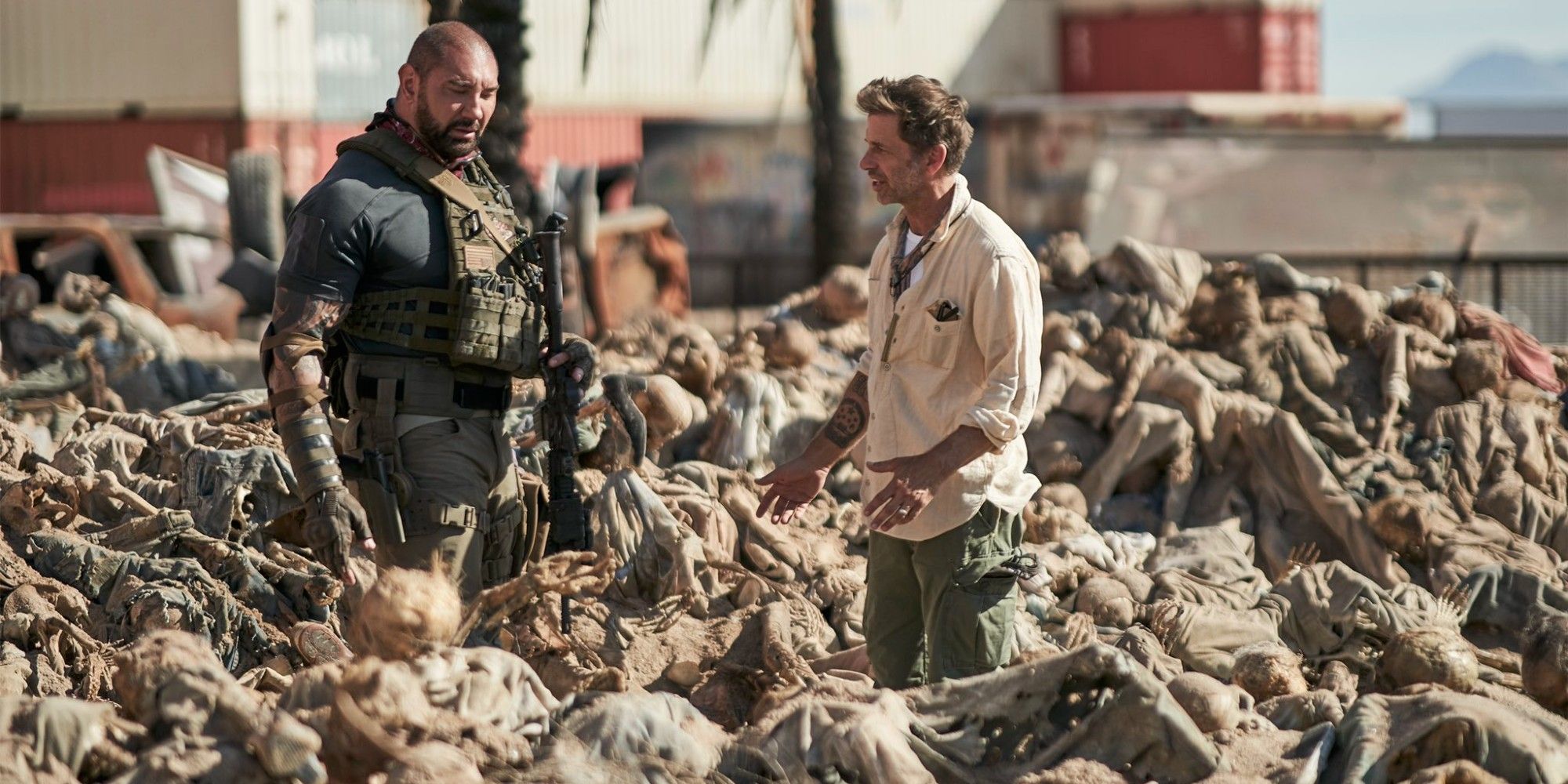 Dave Bautista and Zack Snyder on the Army of the Dead set