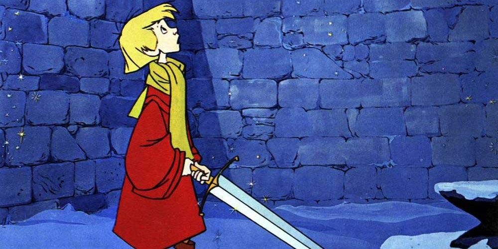 Arthur holding the sword in The Sword in the Stone Cropped