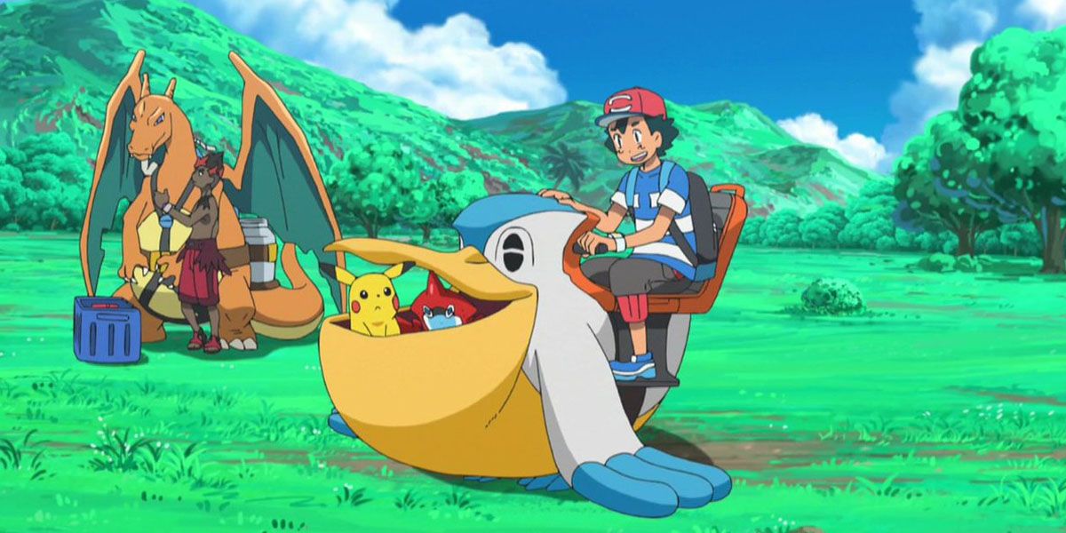 Ash sits on a Pelipper