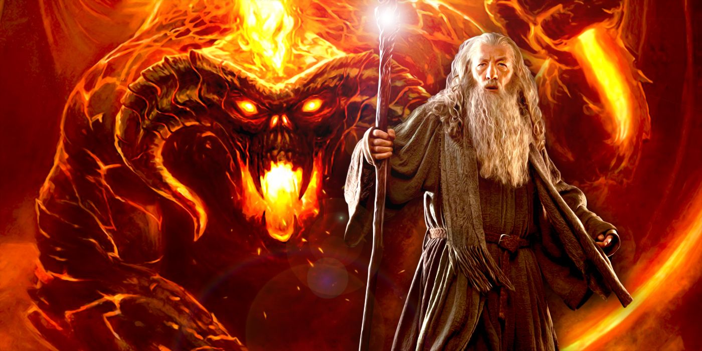 Gandalf with his staff in front of the Balrog.