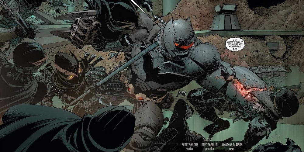 Batman in his Thrasher Armor vs. the Talons from the Court of Owls