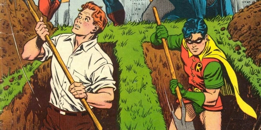 Batman forces Robin and Jimmy Olsen to Dig Their Own Graves