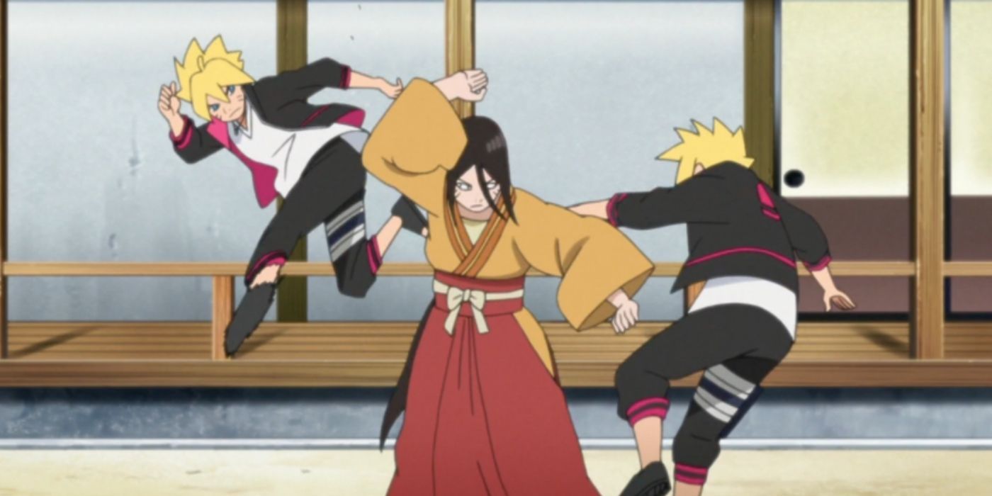 Hanabi sparring with Boruto and his shadow clone